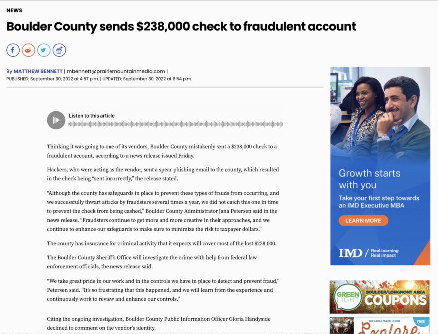 Website article about Boulder County sending a check worth $228k to a fake account.