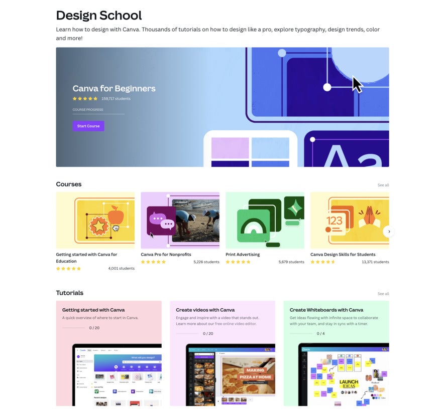 Website with colorful blue, purple, yellow and green design sections including courses and tutorials.