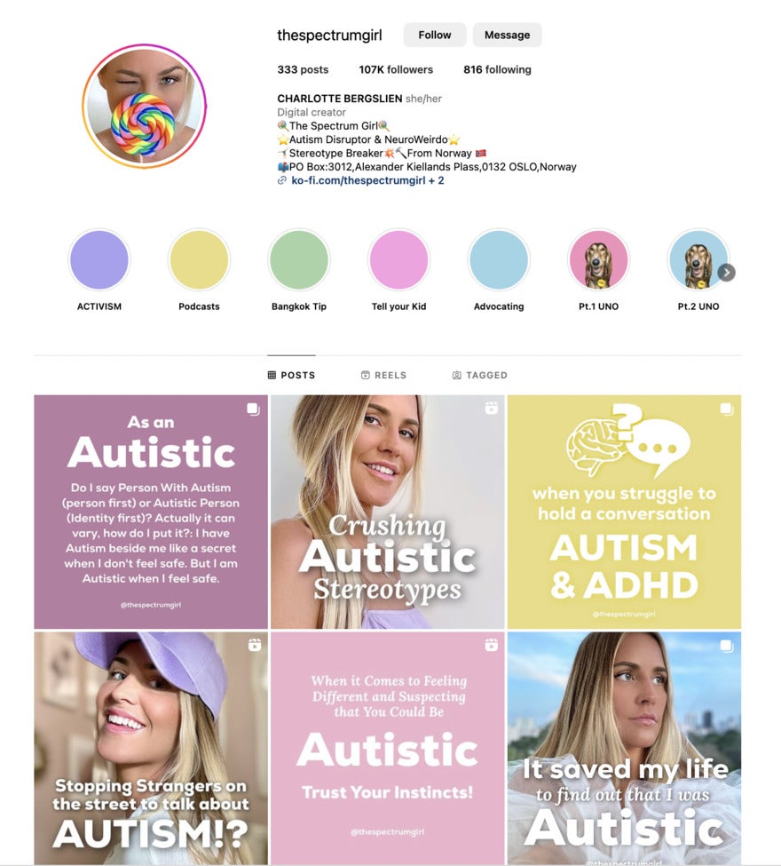 Charlotte Bergslien's Instagram profile features light colors in her bio and her tiles (which are alternating quotes about autism and photos of her smiling).