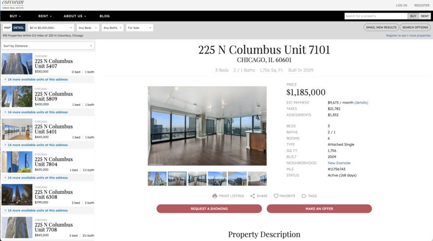 Website with a column of listings on the left and a fancy urban apartment photo in the middle. The apartment has lots of windows.