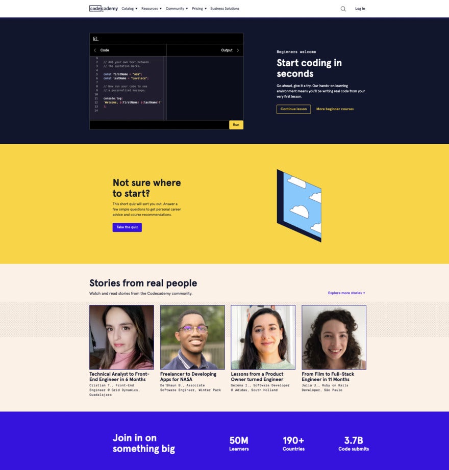 A black, yellow, blue, and cream website with four photos of 4 people and their testimonials.
