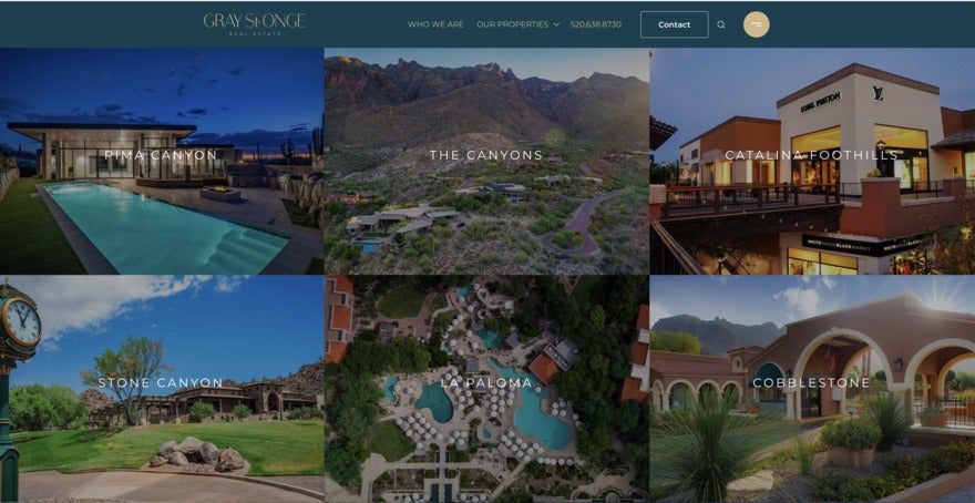 A webpage of connecting tiles - the photos are of beautiful luxury modern desert and water properties in both the daytime and the nighttime.
