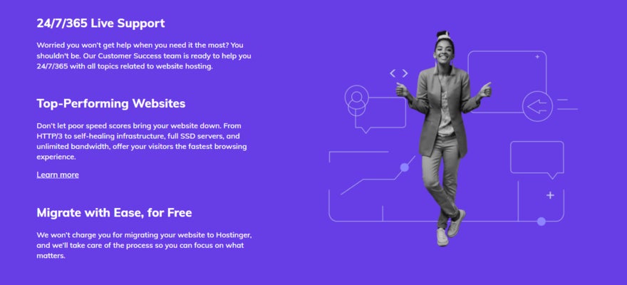 Hostinger shared plans features on purple background with greyscale happy women adjacent