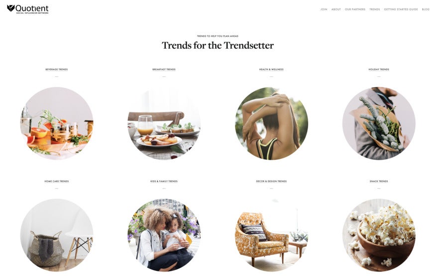 A simple website with white background and little circular photos with food, drink, baskets, furniture, etc.