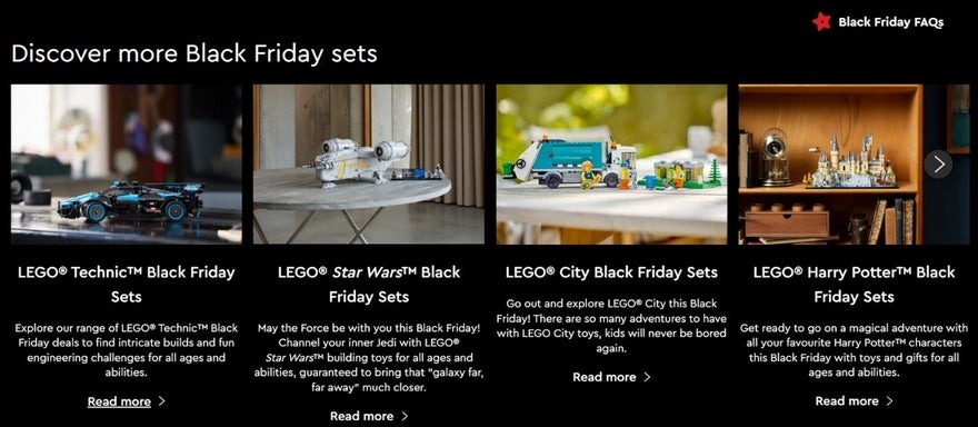 Lego's website showing Black Friday bundles of product deals