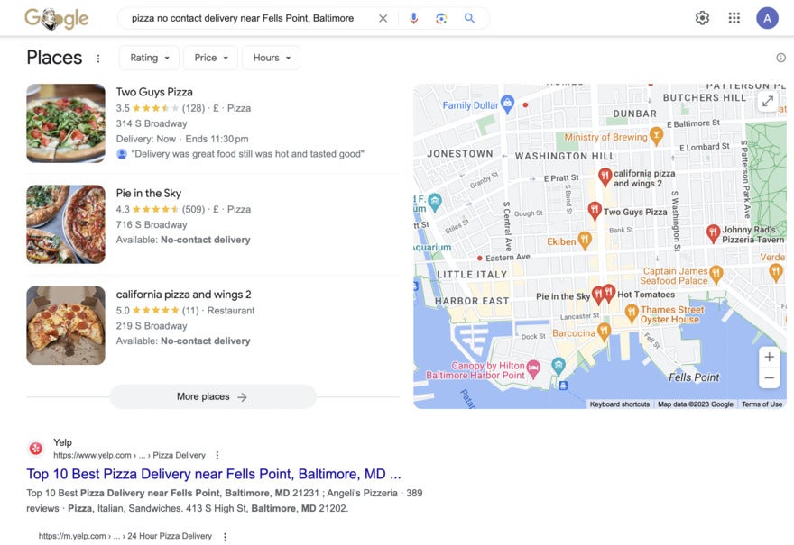 A local search results page for Pizza in Fells Point, Baltimore with a map on the right hand side.