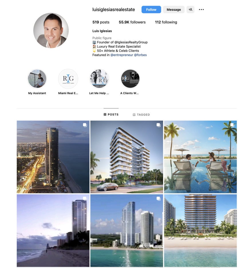 An Instagram page feauting stunning oceanfront high-rise condos. The water is bright and green and the buildings are shiny. There are palm trees.