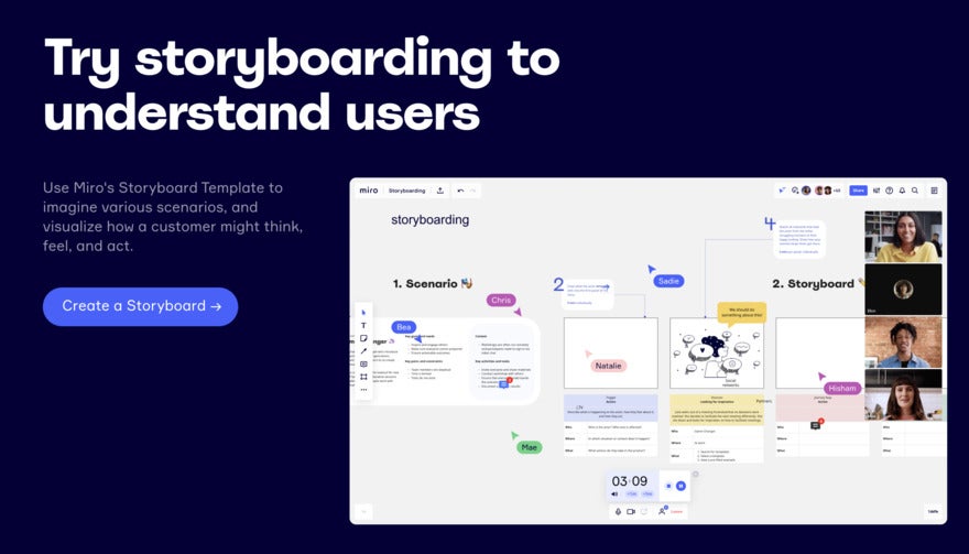 A black website with a headline suggesting storyboarding to understand users. There's a complex storyboard on the right.