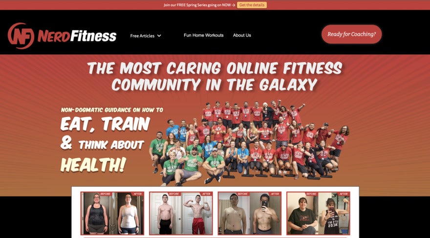 A red and black health website with a photo of a large group of people in training clothes in the middle.