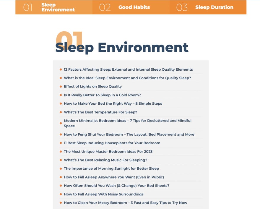 A simple white, black and orange website with a list called "Sleep Environment"