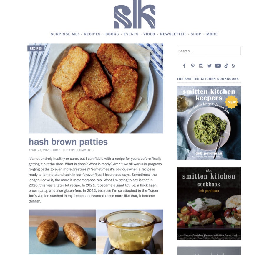 The Smitten Kitten website featuring beautiful photos of food like fried potato patties and pasta.