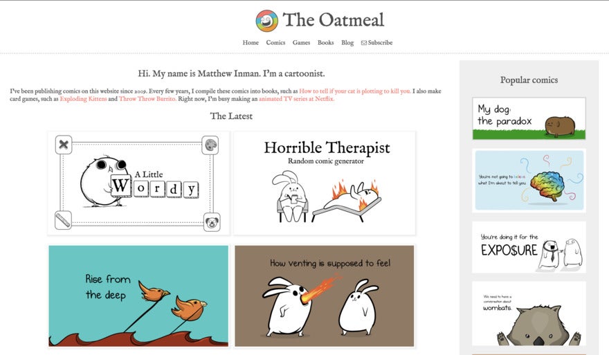 A website featuring charming, simple cartoon animals like rabbits and birds.