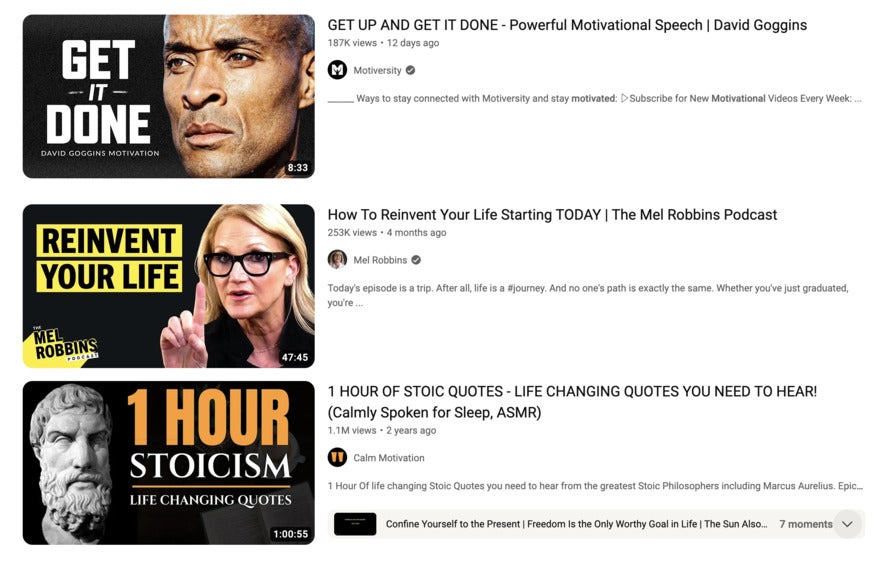 A collection of 3 thumbnails with black backgrounds from motivation channels.