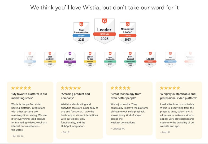 A Wista social proof webpage featuring award badges and testimonials from customers in yellow boxes.