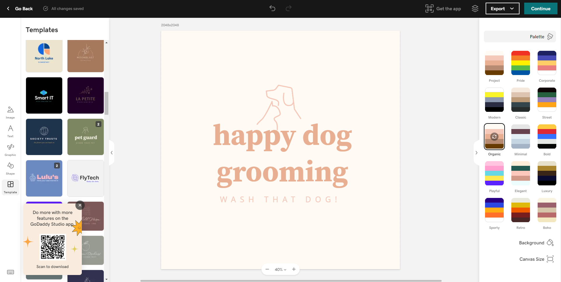 a creative editor with a pastel coloured logo for a dog grooming company