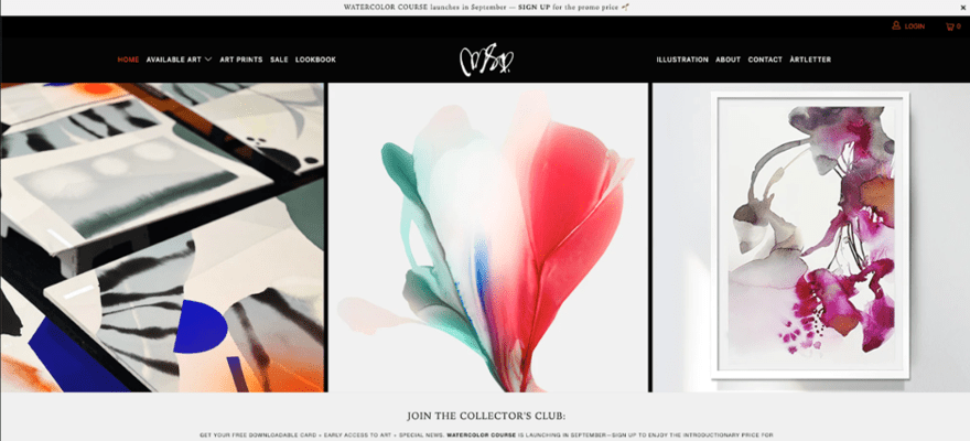 Very Marta artist website homepage displaying a trio of artwork