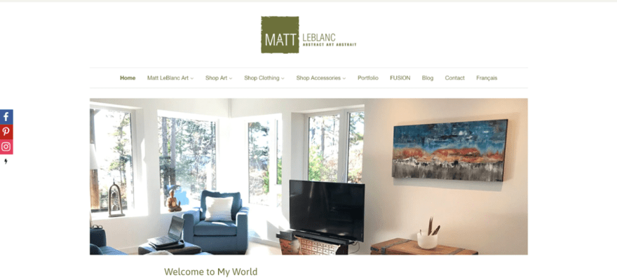 Homepage for Matt LeBlanc's artist website, showing an image of a room with the artwork displayed on a wall