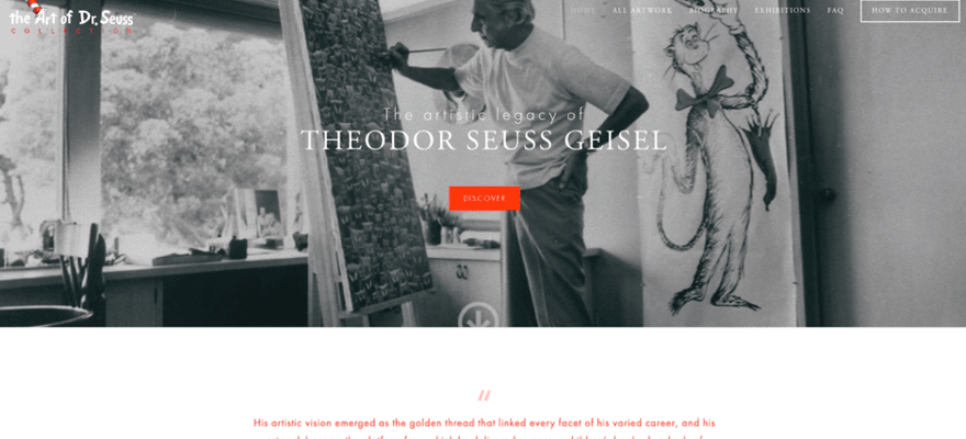 Artist website homepage for Theodor Seuss Geisel, featuring an image of the artist painting