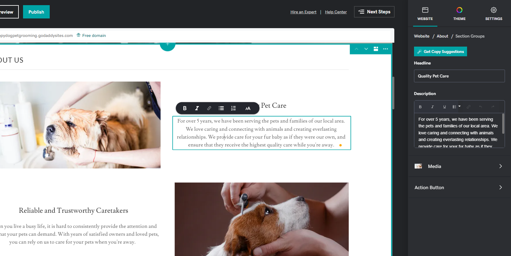 an website with photos of dogs getting baths next to a dakr menu with a text box