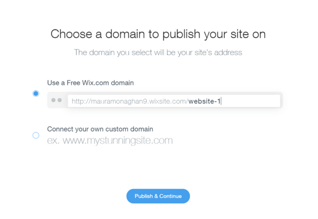choosing a domain on wix with two options, both a free Wix option and to connect an existing one
