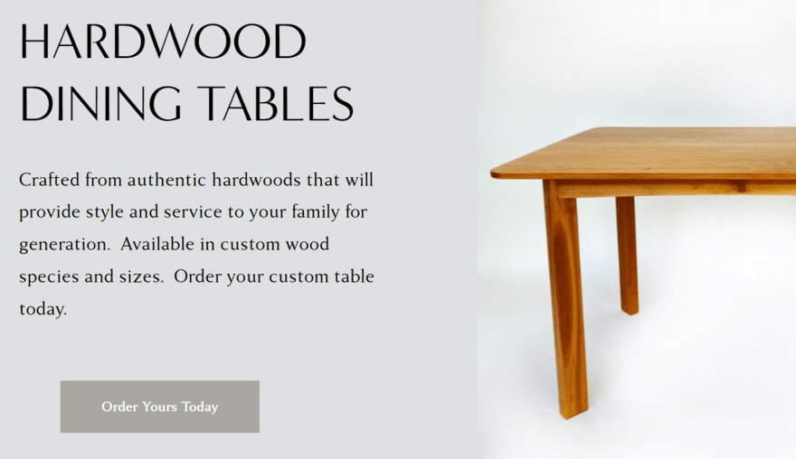 Section on AM Contemporary Furnishings website showing hardwood dining tables and a CTA button inviting readers to order today