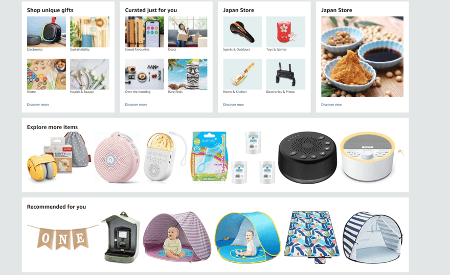 The white-on-grey Amazon home screen with recommended products shown with corresponding product images
