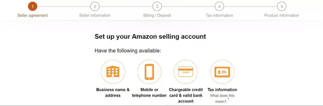 Process of registering as an Amazon seller.