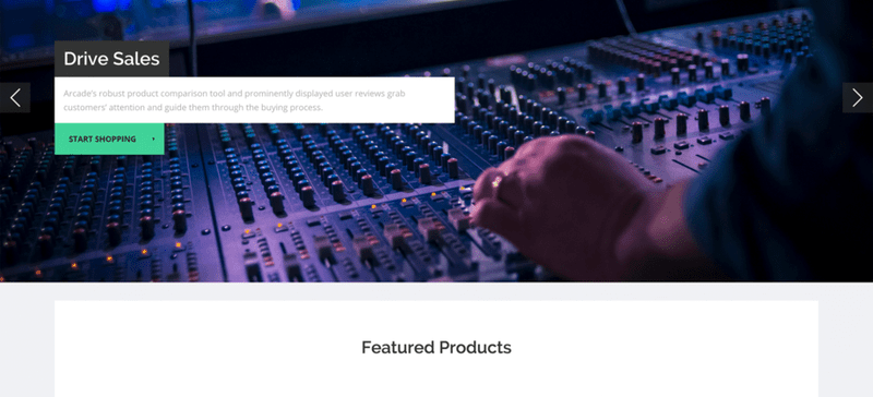 a audio equipment website with hands on a sound deck and audio quipment products below