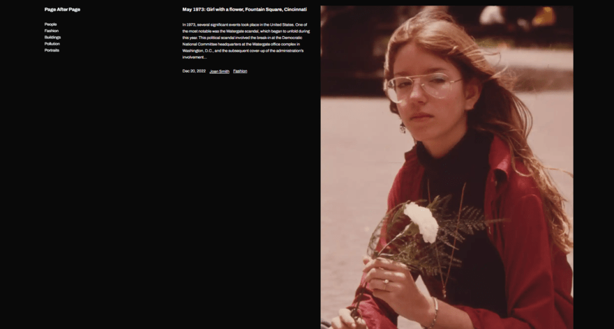 A new WordPress.com theme with a black background, small white text, and a large photographic image of a girl in glasses.