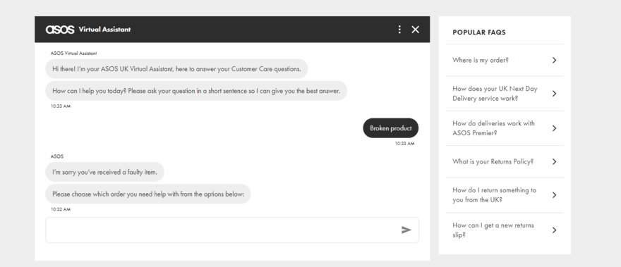 ASOS Virtual assistant, showing a white chat screen with messages in black text. On the right is a list of FAQ links.