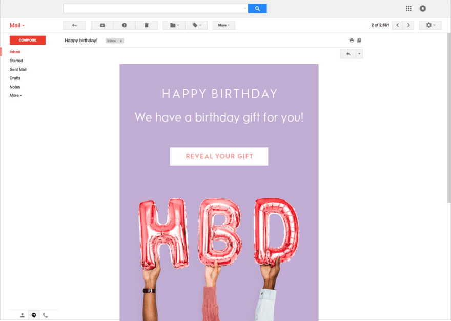 Happy Birthday email with a button to reveal a gift