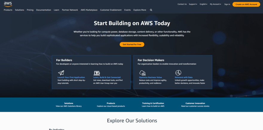 Amazon Web Services homepage featuring a button to get started