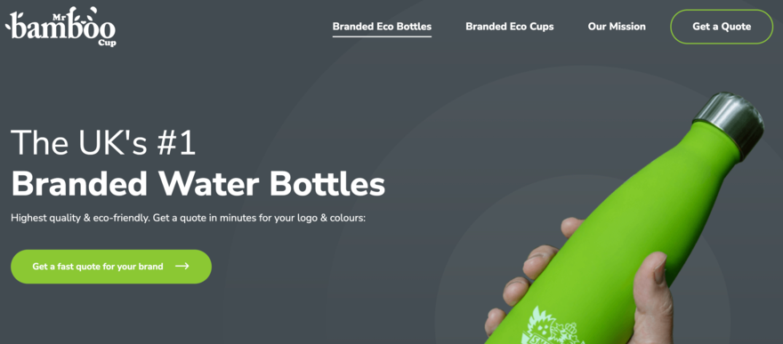 Homepage for reusable water bottle company, Bamboo
