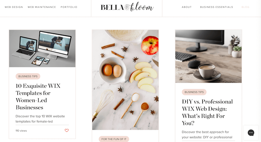Bella and Bloom web design screenshot