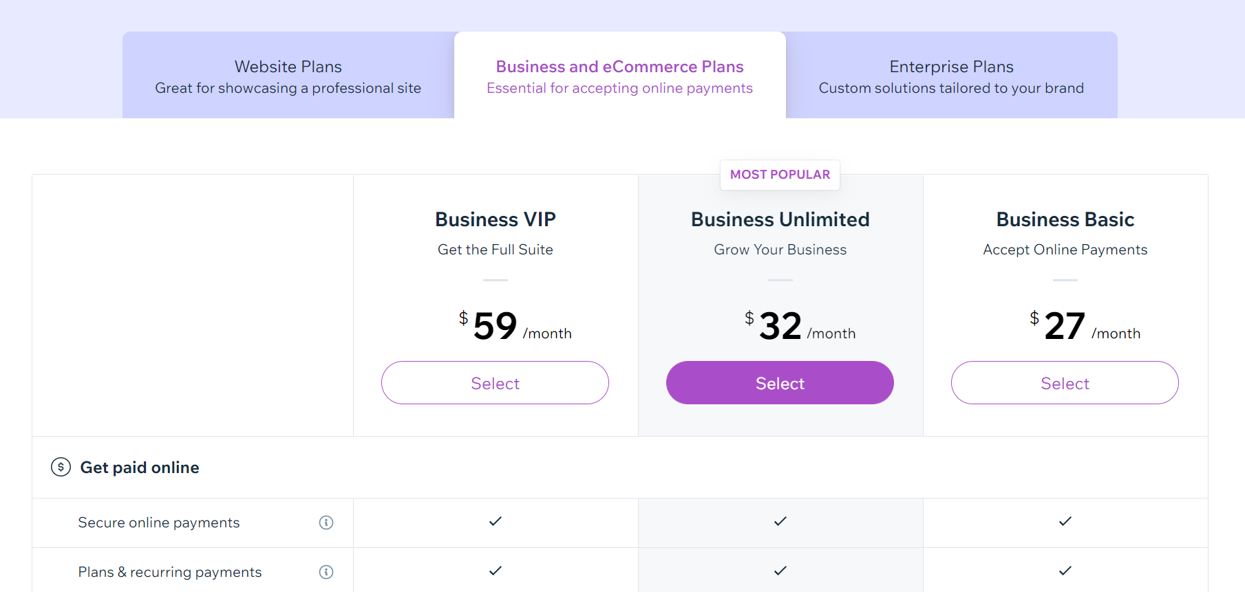Wix ecommerce's three plans with prices and purple CTA buttons