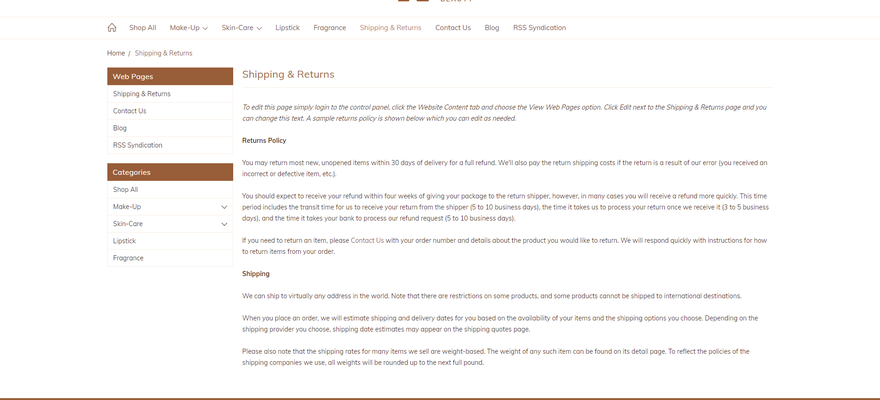 a wall of text for a shipping and returns policy
