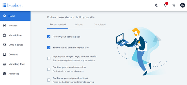 bluehost checklist with illustration of a ginger man on a laptop