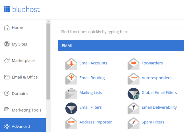 bluehost cpanel dashboard with icons denoting each category and a menu to the left