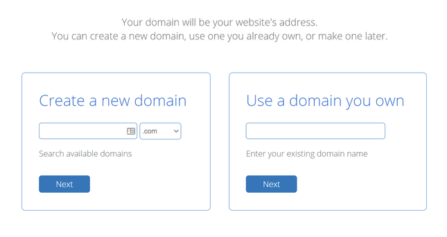 bluehost domain registration screen with two boxes to either create a new domain or use a domain of your own