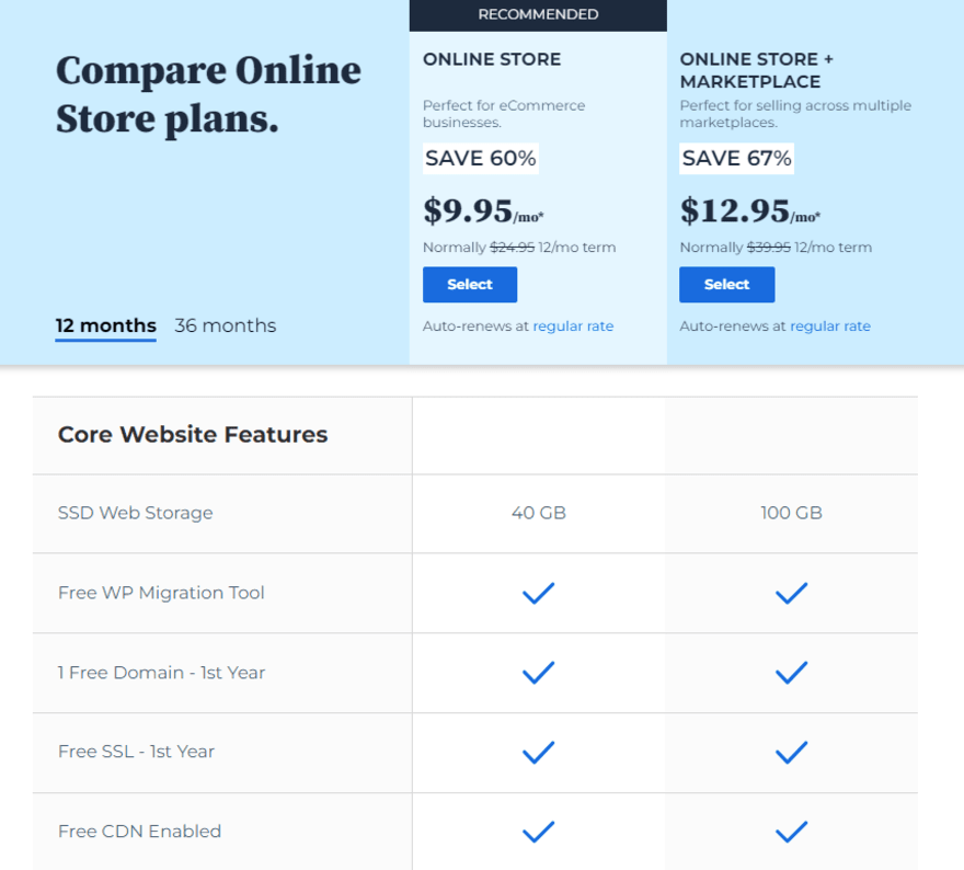 Pricing page with two blue columns with pricing plan information.