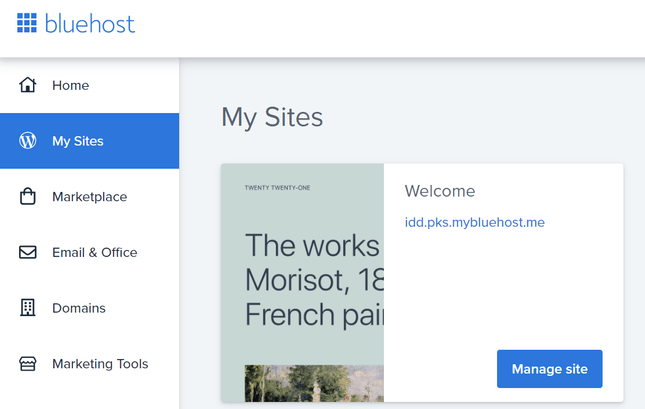 bluehost wordpress integration CDN with menu and small preview for 'my sites'