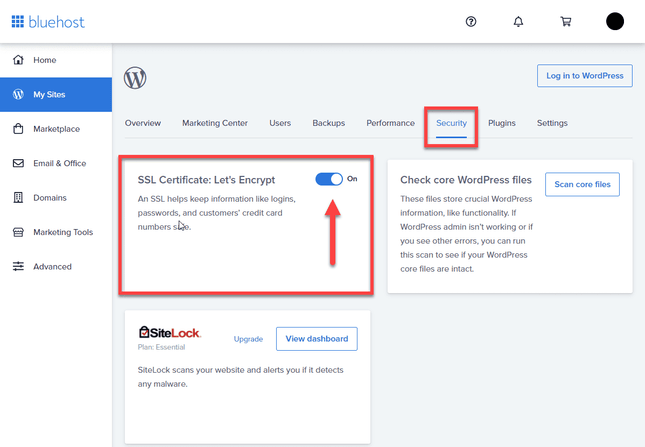 Switching on SSL certificate in Bluehost Security tab