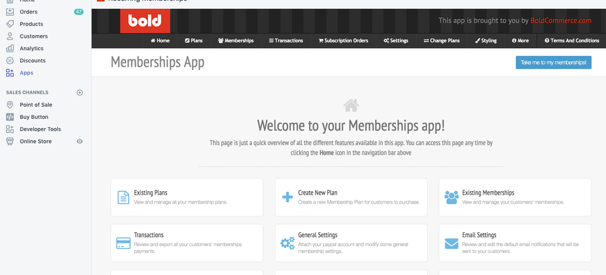 the homepage for the bold membership plugin for Shopify