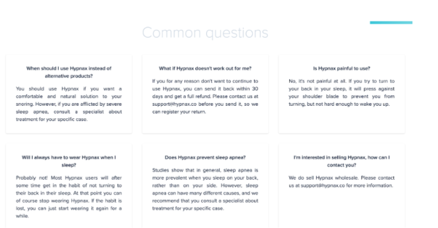 Common questions page on Hypnax.