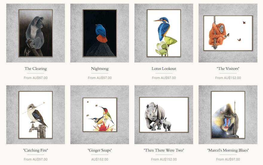 Darren Hughes store page showing 8 animal images for purchase