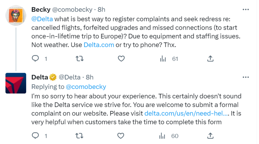 Delta's twitter account responding to a customer tweet