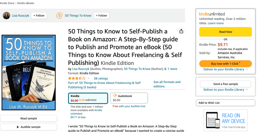 Product page on Amazon for a book on self publishing