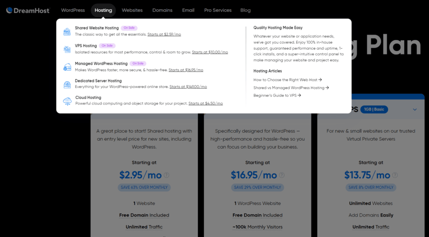 DreamHost's navigation showing a drop down for its hosting category, featuring the types of hosting on offer