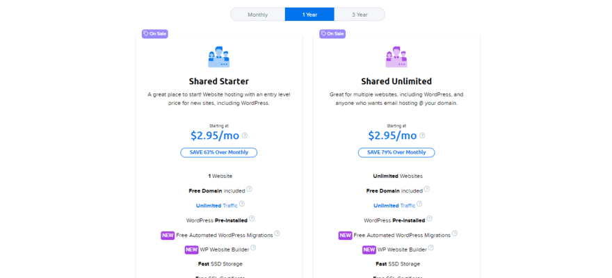 DreamHost's two shared hosting plans and 12-month term pricing