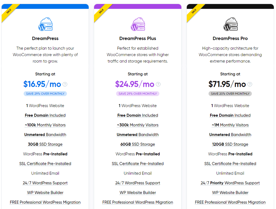 Three plans in blue, purple, and black rectangles with pricing information.